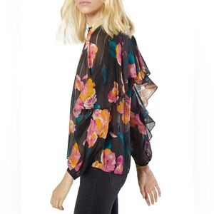 JOIE 'KRISTON' FLORAL-PRINT SEMI-SHEER SILK BLOUSE, CAVIAR